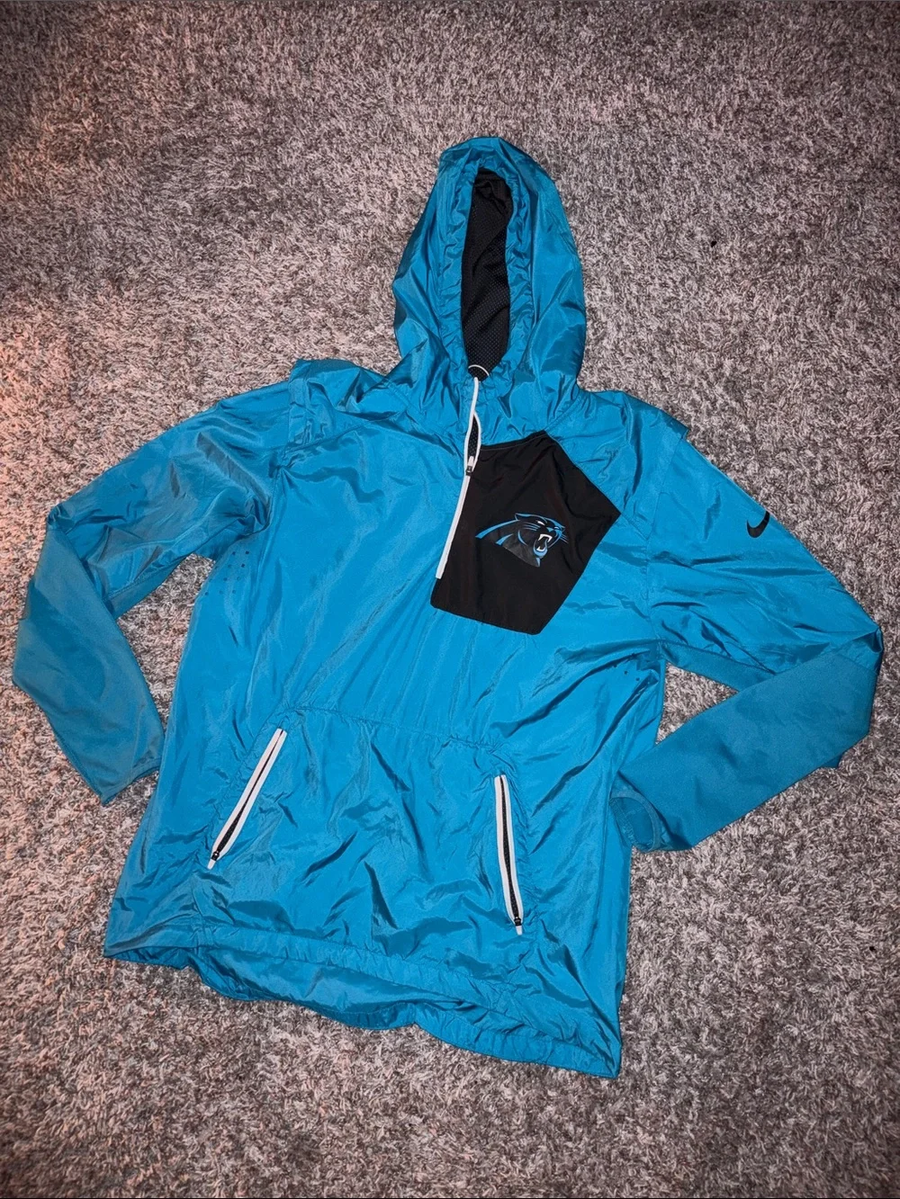 NFL carolina panthers Blue Hooded Windbreaker with Black Chest Pocket